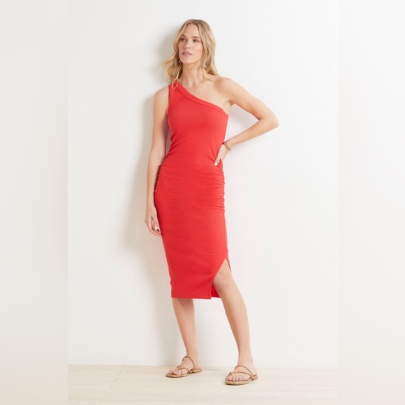 Michael Stars Coco One Shoulder Ultra Ribbed Knit Midi Dress Size M Salsa Red - Picture 15 of 15